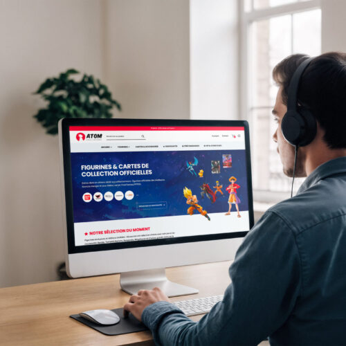 Présentation du site e-commerce Atom Collectors sur ordinateur, développé pour les passionnés de figurines et de cartes à collectionner.