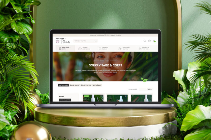 Présentation du site e-commerce Folie Verte & Palpitante développé par Emergence Graphique pour valoriser une gamme de cosmétiques naturels haut de gamme.